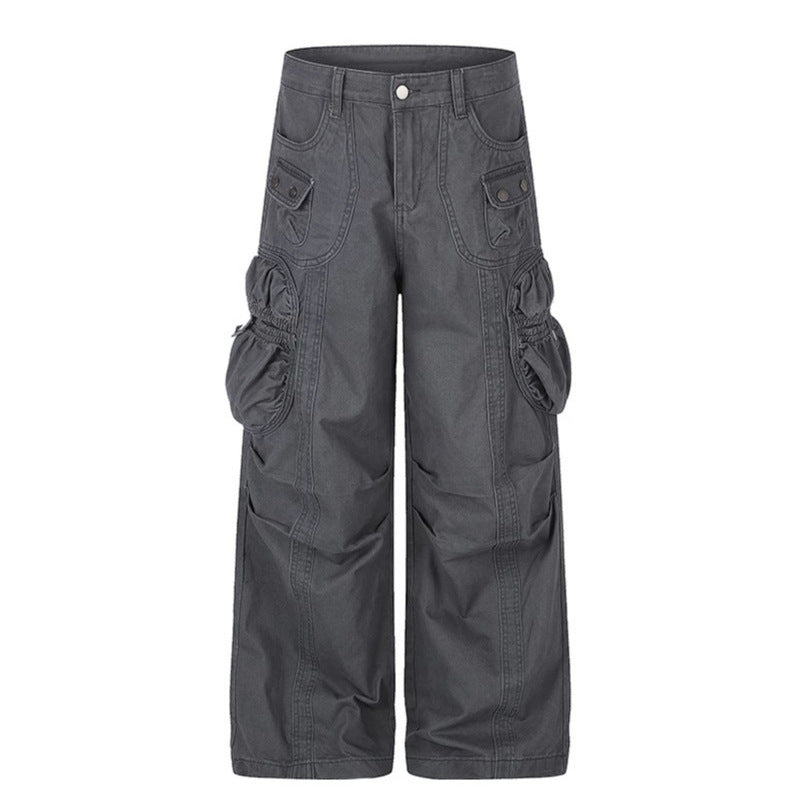 Women's wide utility cargo pants with gathered side pockets and decorative seams Mune Fashion