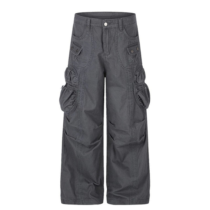 Women's wide utility cargo pants with gathered side pockets and decorative seams Mune Fashion