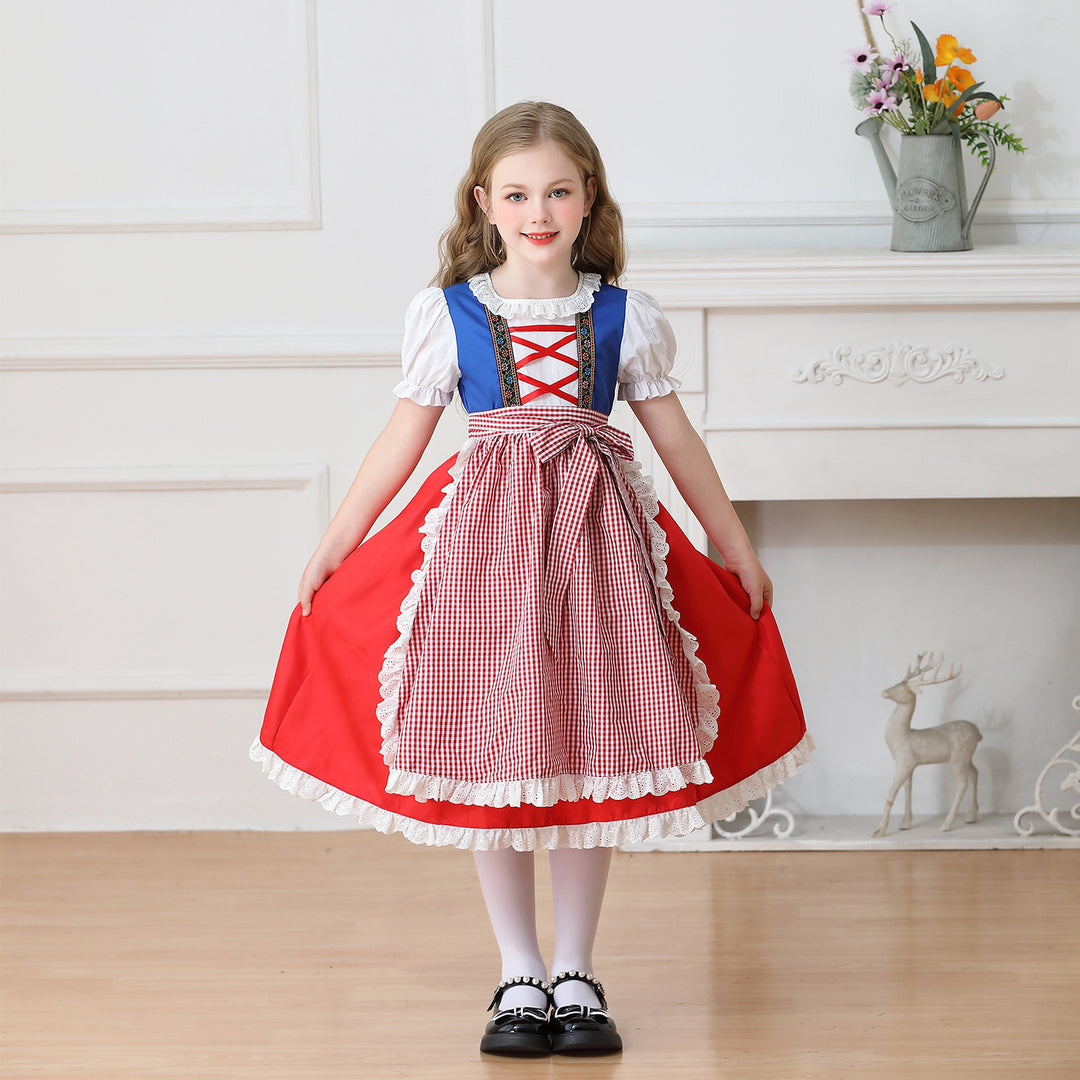 Ladies nan traditional children's dirndl dress with gathered apron and lace trim Mune Fashion