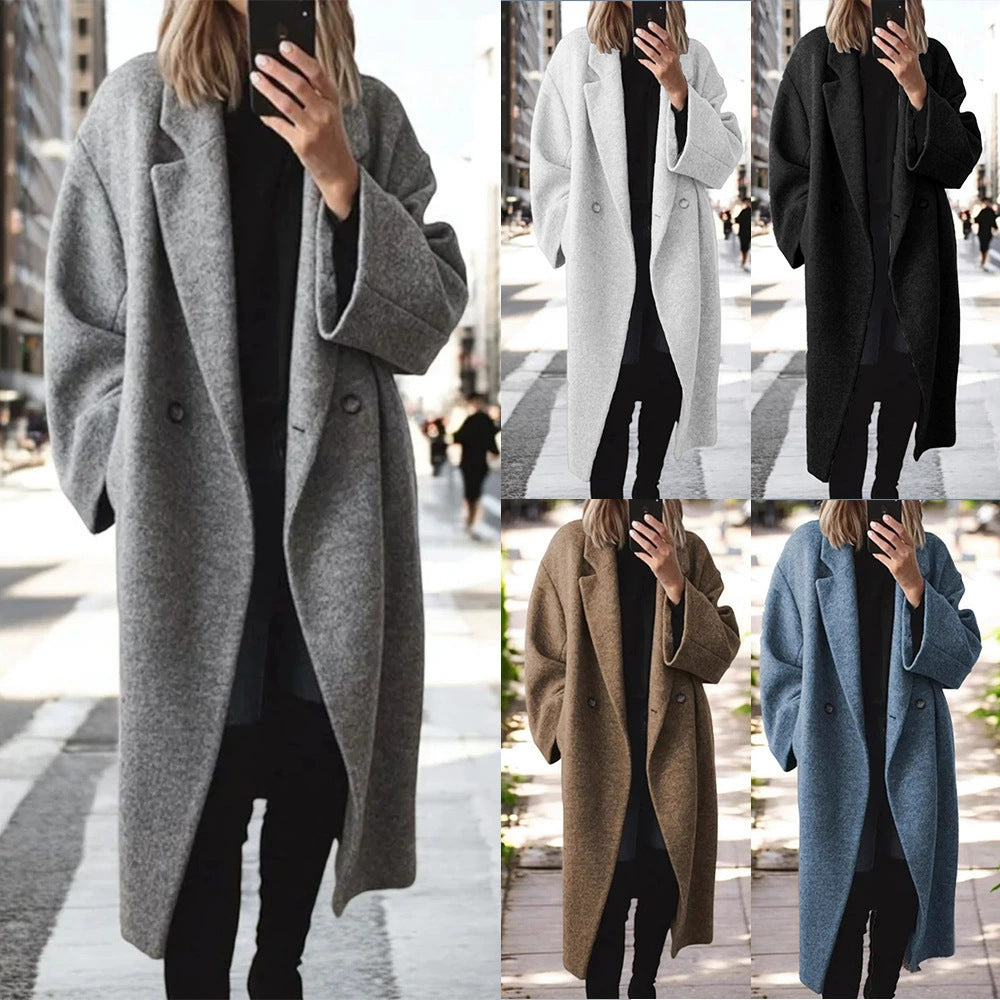 Women's Oversize Long Coat made of Wool Blend with Drop Shoulder and Minimalist Button Placket Mune Fashion