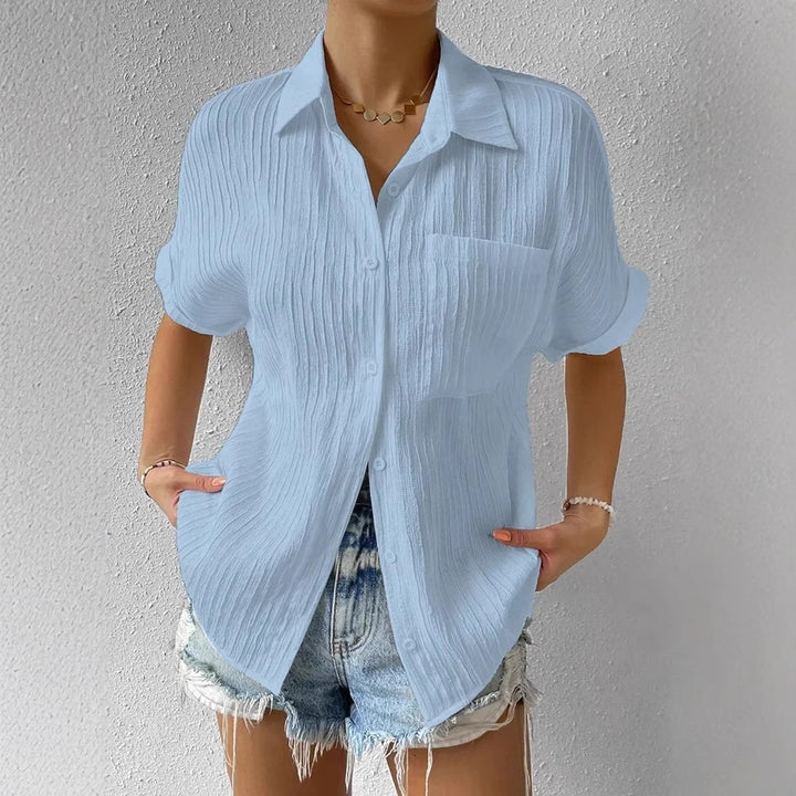 Women's crinkle effect shirt blouse with breast pocket, rolled sleeves and loose fit Mune Fashion