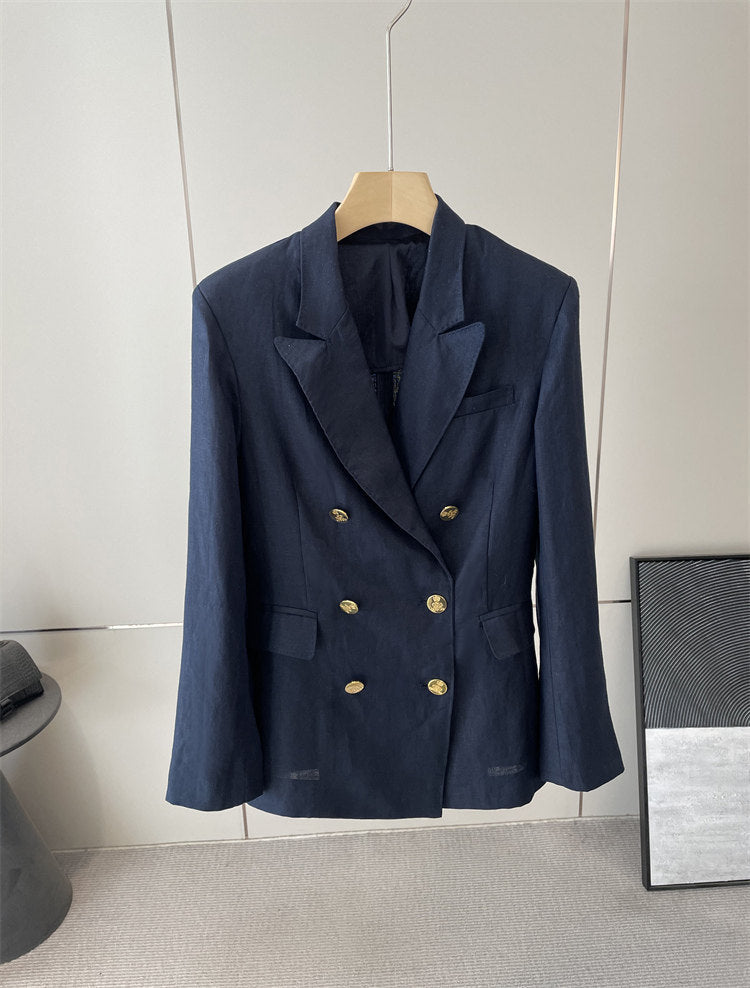 Ladies Elegant Double-Breasted Blazer with Decorative Buttons Mune Fashion