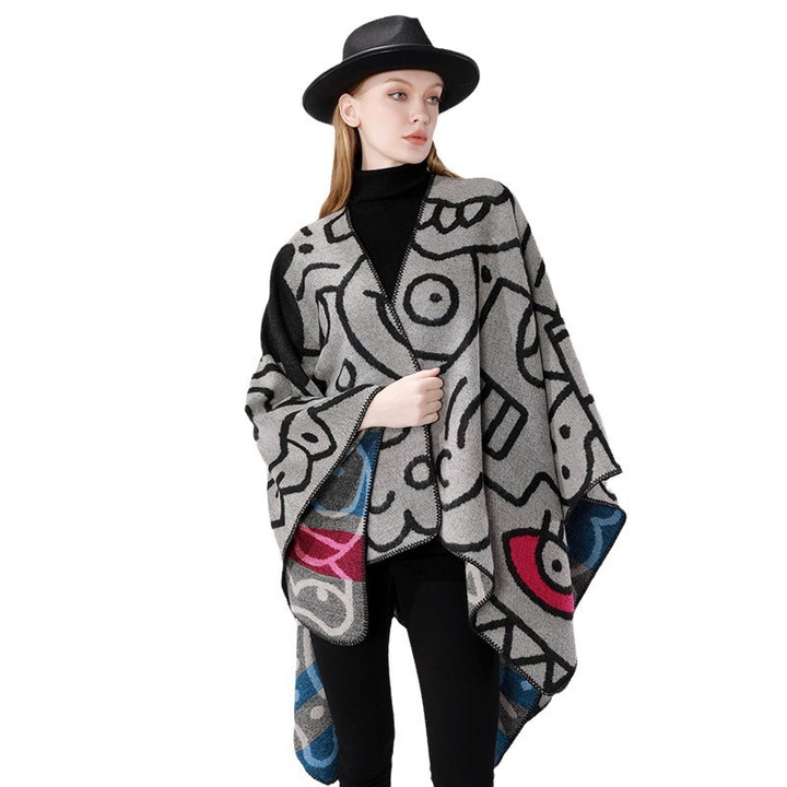 Women's oversized poncho in artistic print with two-tone edge processing and asymmetrical pointed hem Mune Fashion