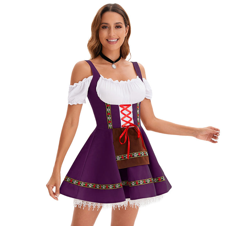 Women's short traditional dress in dirndl style with lacing, off-the-shoulder Carmen neckline, and decorative apron Mune Fashion