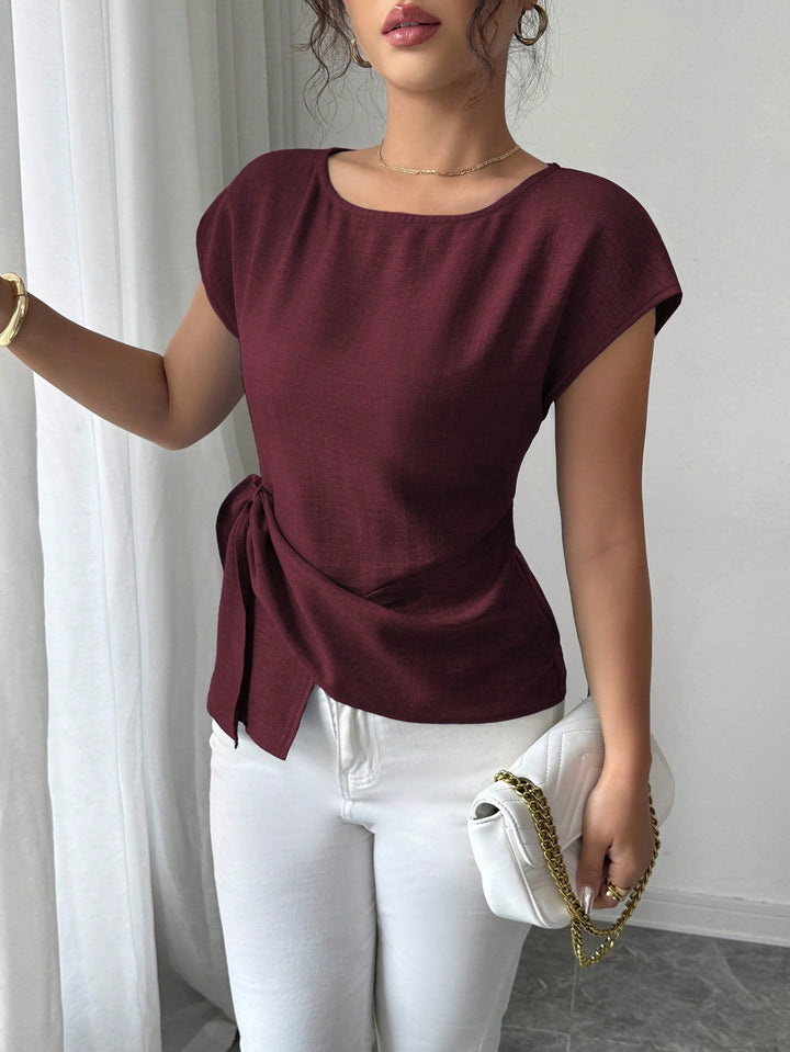Women's Tailored Short Sleeve Top with Boat Neck, Ties Belt and Linen Look Mune Fashion