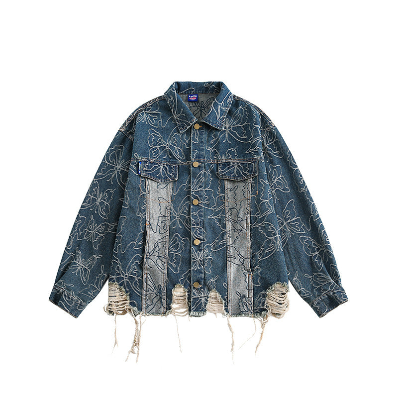 Unisex Oversized Jeans Jacket with Floral Embroidery, Contrast Panels and Frayed Hem Mune Fashion