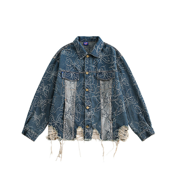 Unisex Oversized Jeans Jacket with Floral Embroidery, Contrast Panels and Frayed Hem Mune Fashion