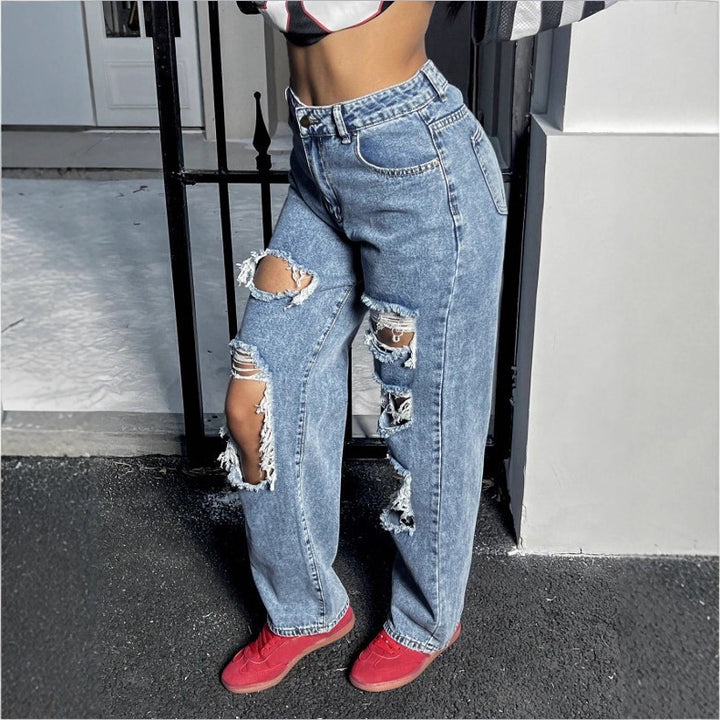 Womens High-Waisted Destroyed Baggy Jeans with Wide Leg and Knee Rips Mune Fashion