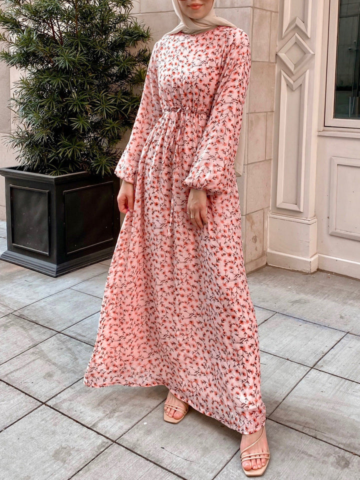 Women Floral Maxi Dress with Drawstring Waist and Balloon Sleeves Drune