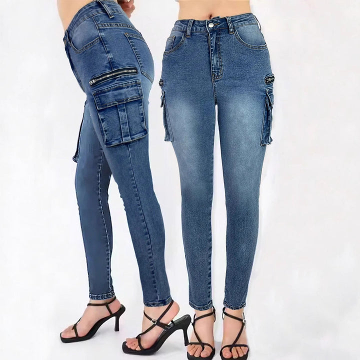 Ladies High-Waist Slim-Cargo-Jeans with flap pockets and zipper details Mune Fashion