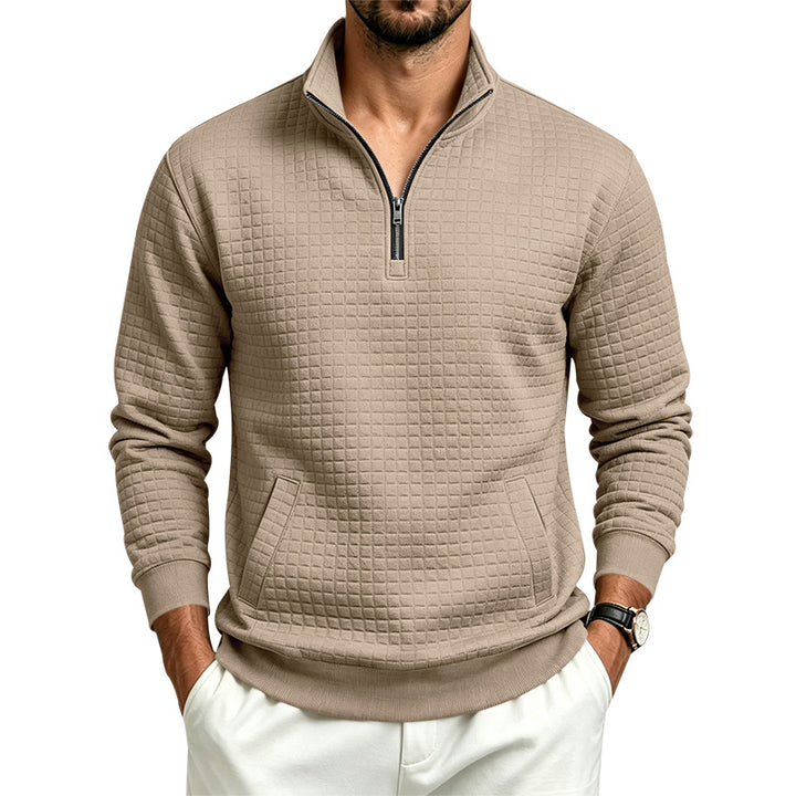 Men's Structured Stand Collar Half Zip Sweatshirt with Checkered Pattern and Kangaroo Pocket Mune Fashion