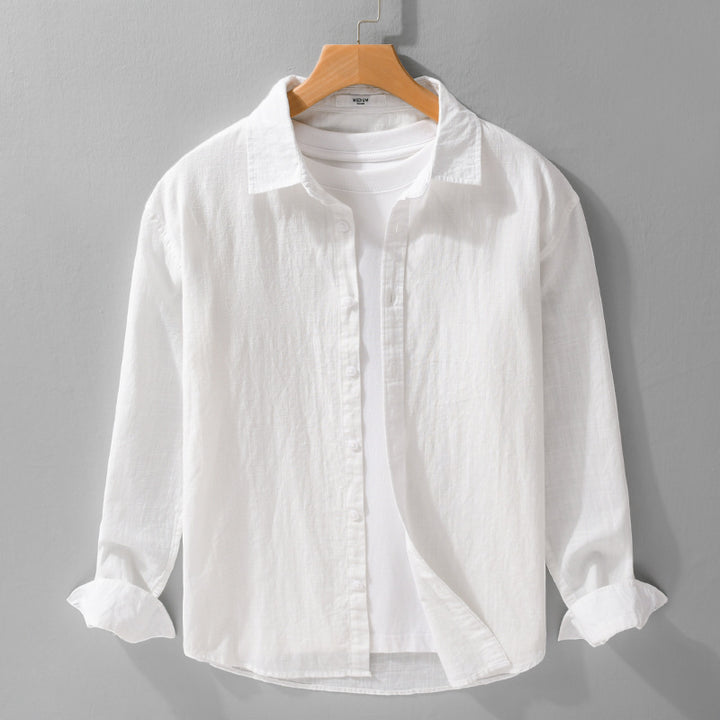 Men's Lightweight Crinkle Linen Cotton Shirt in Layering Style with Kent Collar Mune Fashion