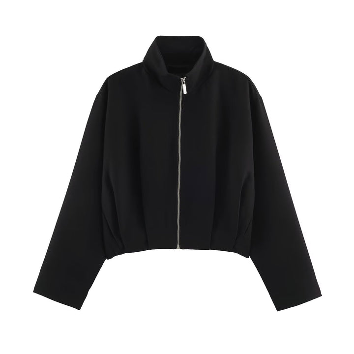 Ladies short jacket in boxy cut with high stand-up collar and elastic hem