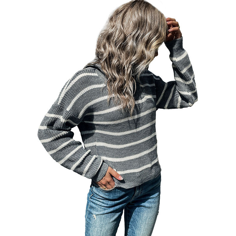 Women's Maritime Striped Sweater made of Chunky Knit with Short Hem and Stand-Up Collar Mune Fashion