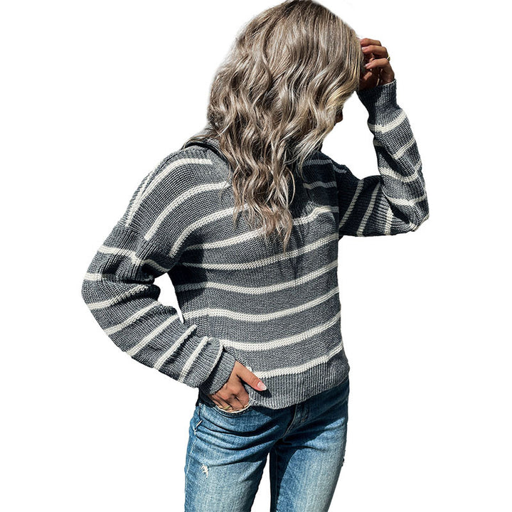Women's Maritime Striped Sweater made of Chunky Knit with Short Hem and Stand-Up Collar Mune Fashion