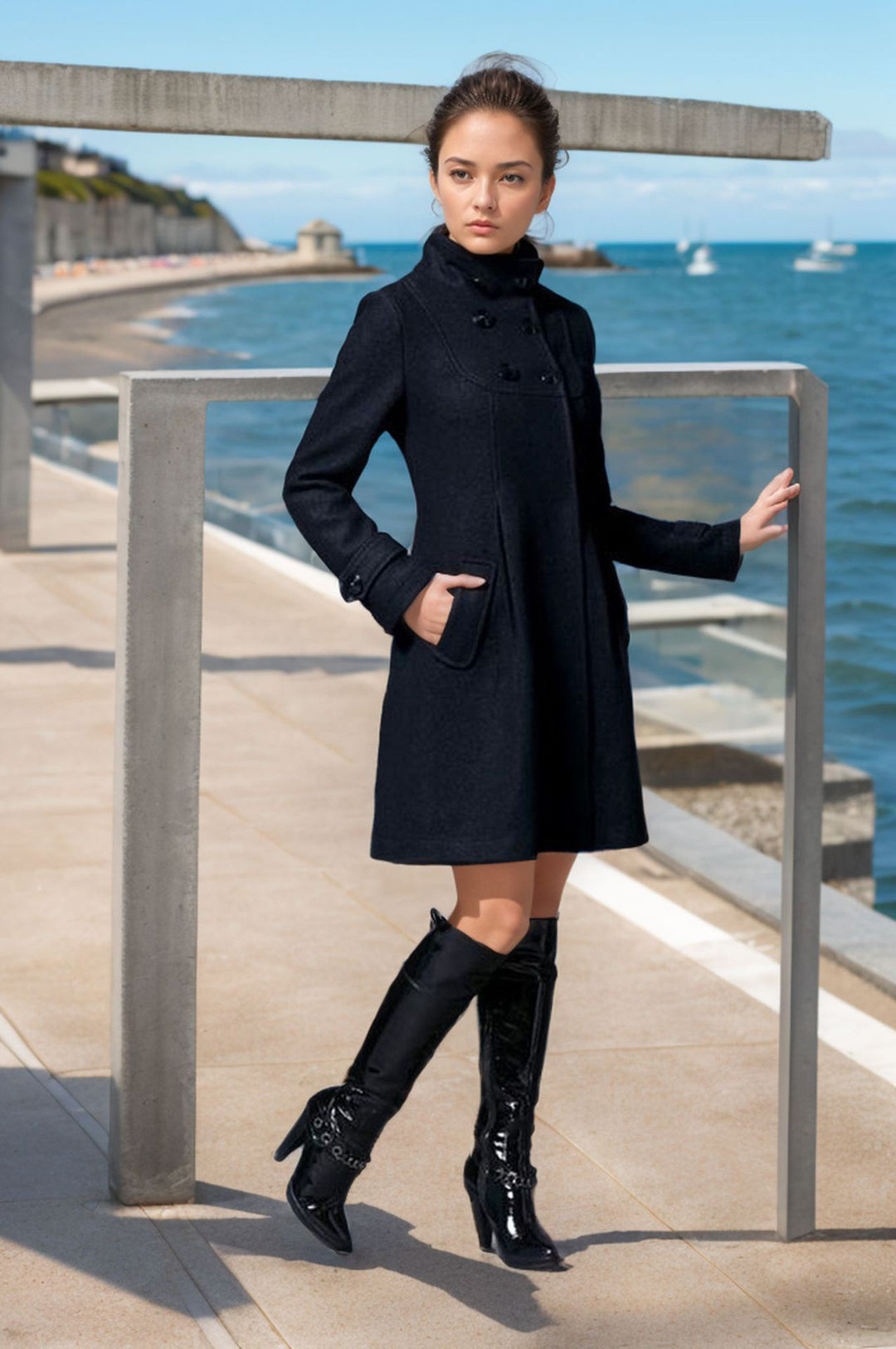 Women Tailored Wool Blend Coat with High Stand-Up Collar and A-Line Silhouette Mune Fashion
