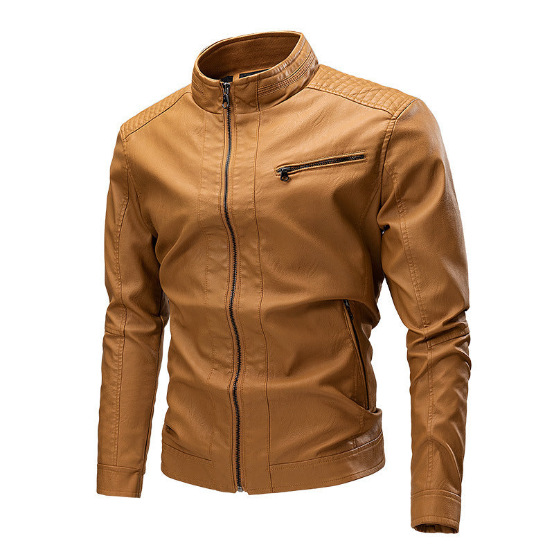 Men's Fashion Leather Jacket with High-Closing Collar Mune Fashion