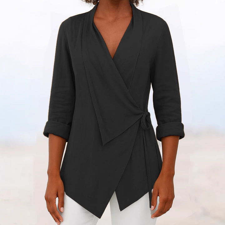 Women's Asymmetrical Wrap Blouse with Shawl Collar and 3/4 Sleeves Mune Fashion