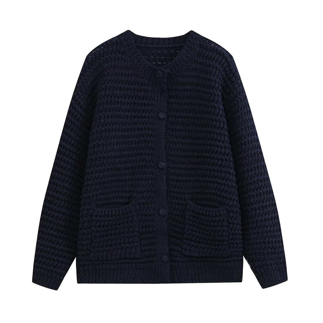 Ladies chunky knitted oversized cardigan with button placket and patch pockets Mune Fashion