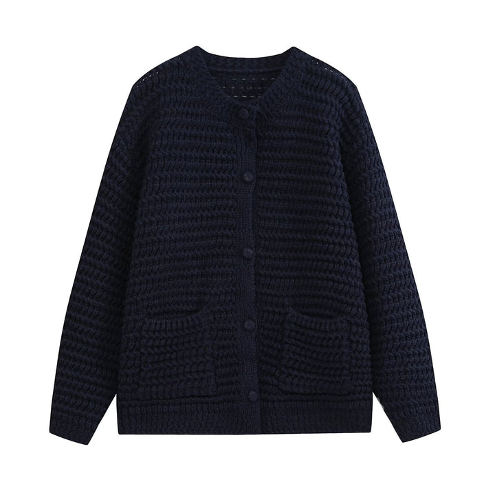Ladies chunky knitted oversized cardigan with button placket and patch pockets Mune Fashion