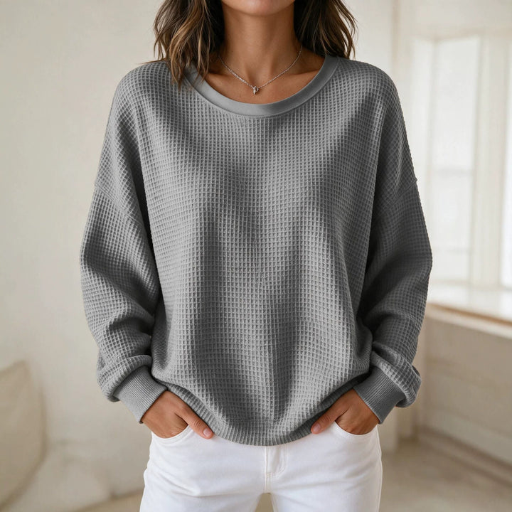 Women’s Oversize Waffle Knit Sweatshirt with Round Neck Mune Fashion