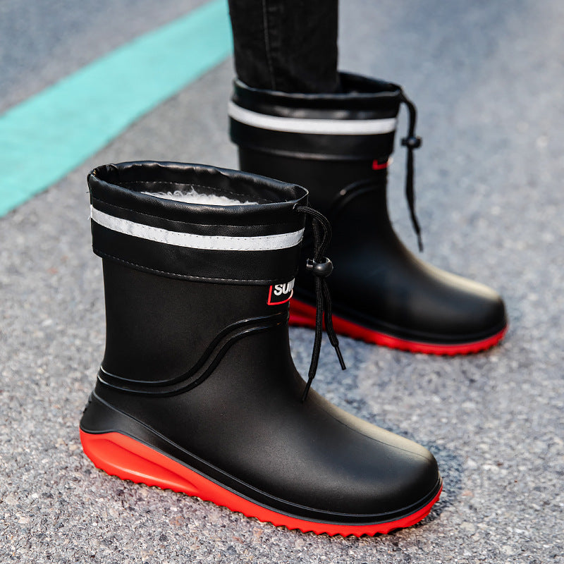 Women Short Shaft Rain Boots with Adjustable Drawstring and Reflective Hem Mune Fashion