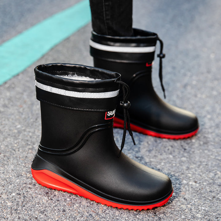 Women Short Shaft Rain Boots with Adjustable Drawstring and Reflective Hem Mune Fashion