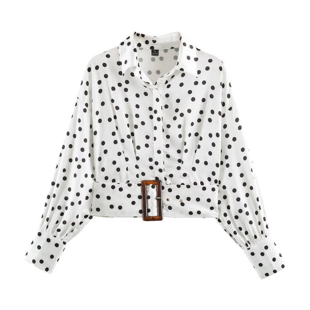 Women's Polka Dot Cropped Blouse with Wide Waist Belt and Balloon Sleeves Mune Fashion