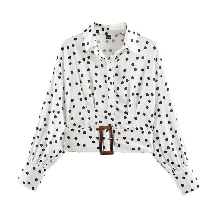 Women's Polka Dot Cropped Blouse with Wide Waist Belt and Balloon Sleeves Mune Fashion