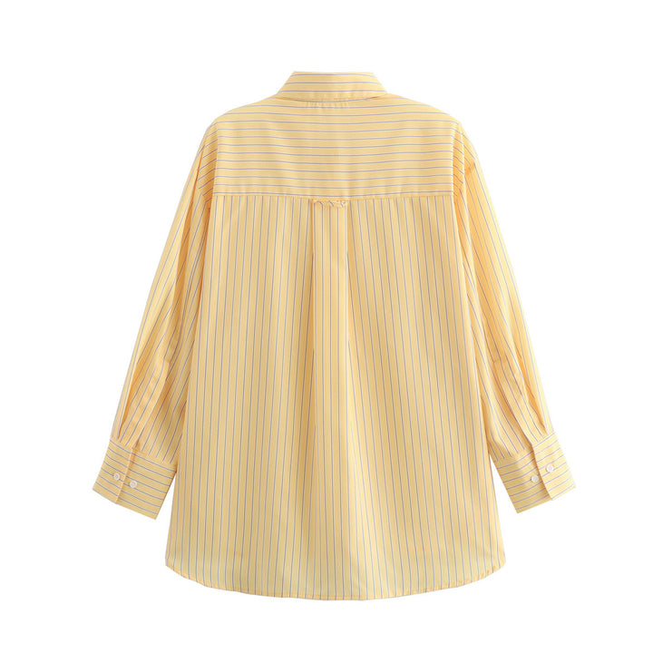 Women's oversized shirt blouse with fine stripes, classic collar and rounded hem Mune Fashion