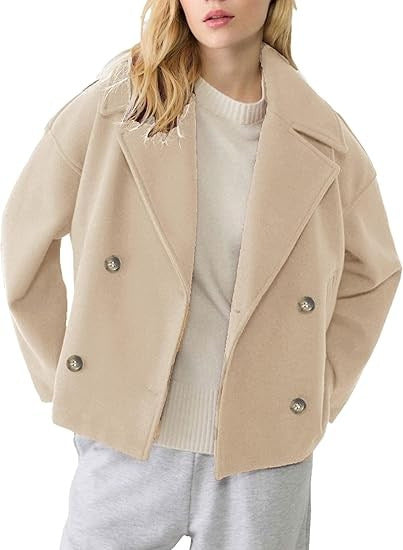 Women’s short cut double-breasted wool blend peacoat with wide lapels and boxy silhouette Mune Fashion
