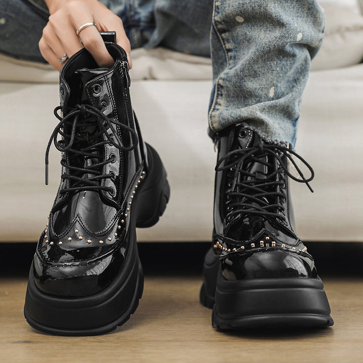 Women Plateau Boots with Patent Finish, Lacing and Studded Decoration Mune Fashion