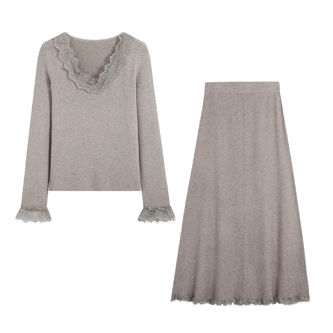 Women Two-Piece Ribbed Knit Set with Lace Trim Mune Fashion