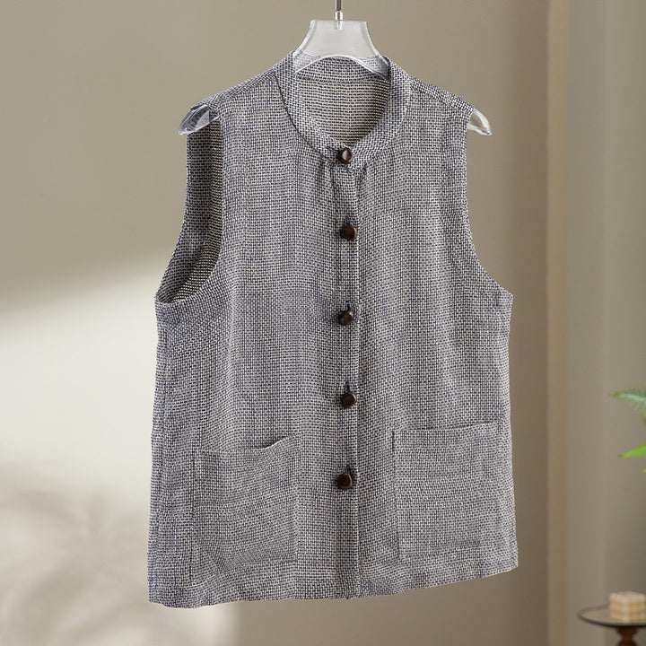 Women's sleeveless knit vest with stand-up collar, button placket, and patch pockets Mune Fashion