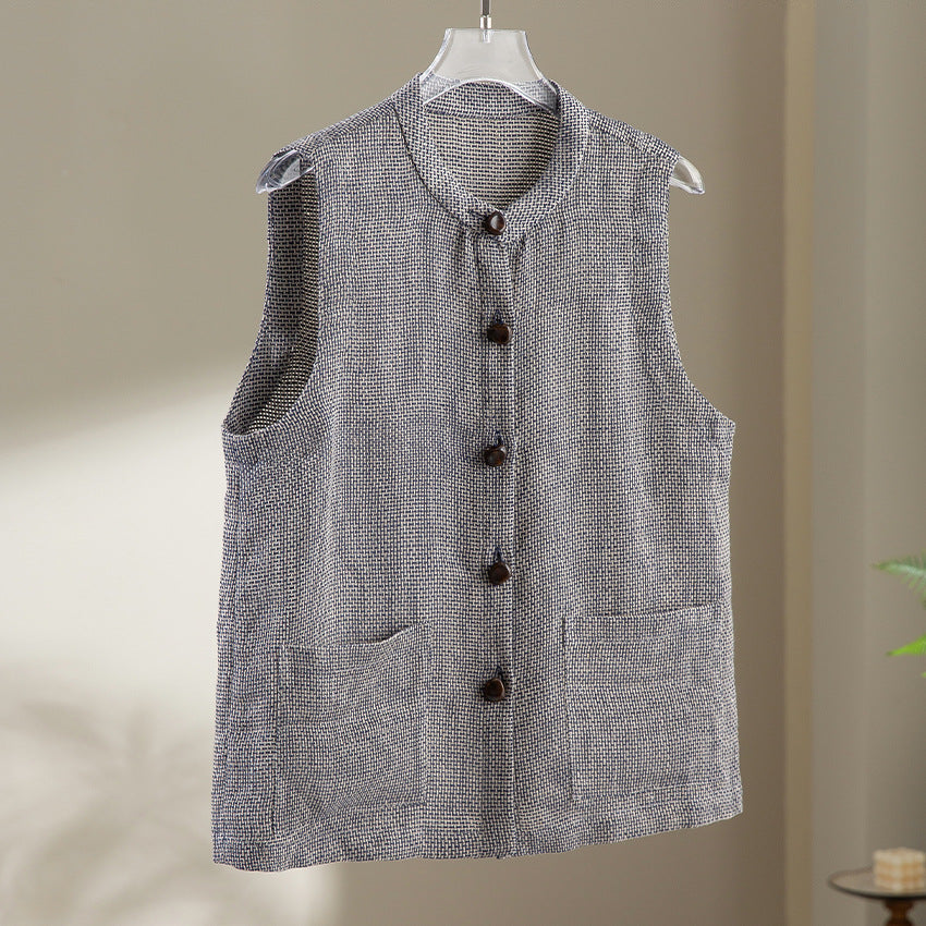 Women Sleeveless Textured Knit Vest with Round Neckline, Button Placket and Patch Pockets Mune Fashion