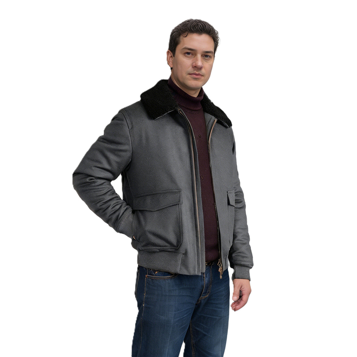 Men's Short Bomber Jacket with Teddy Collar, Cargo Flap Pockets and Zipper Mune Fashion