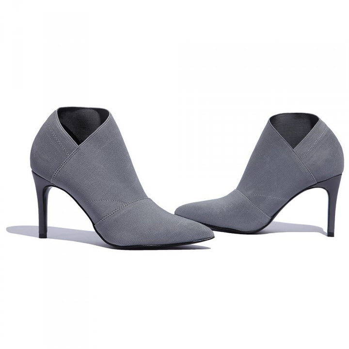 Ladies lace ankle boots with canvas upper and mid-high stiletto heel Mune Fashion