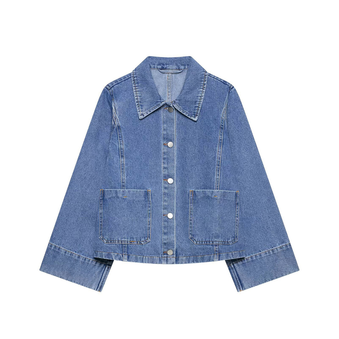 Women Oversized Denim Jacket with Shirt Collar and Large Patch Pockets Mune Fashion