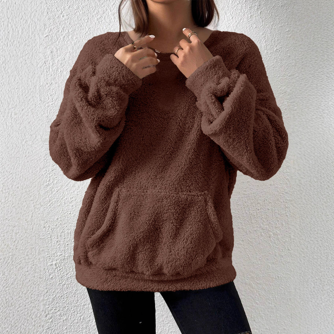 Women Cozy Teddy Fleece Sweater with Kangaroo Pocket Mune Fashion