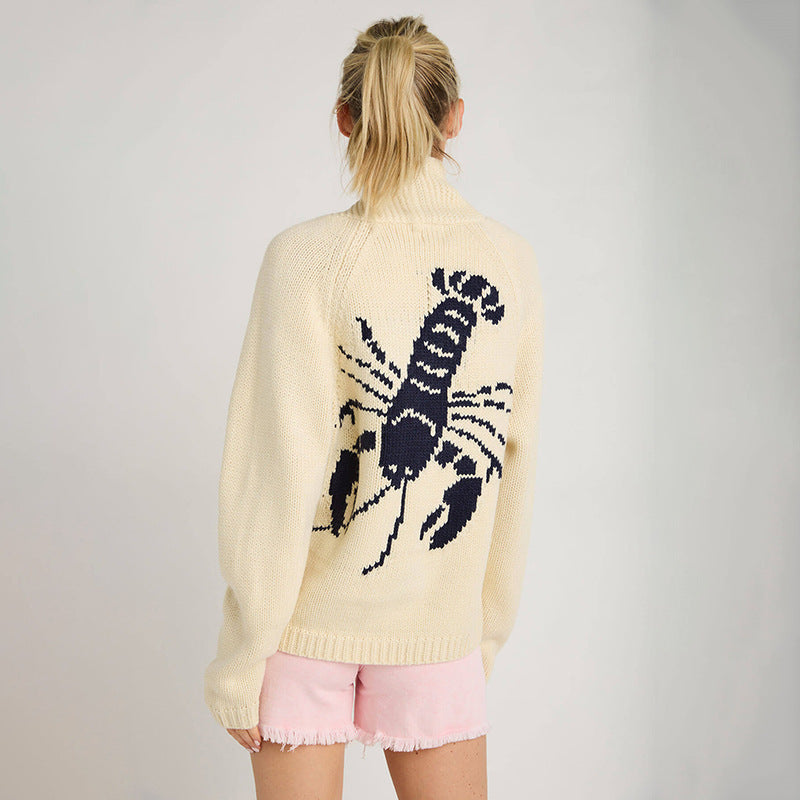 Women Chunky Knit Turtle Neck Sweater with Lobster Intarsia and Casual Oversized Fit Mune Fashion