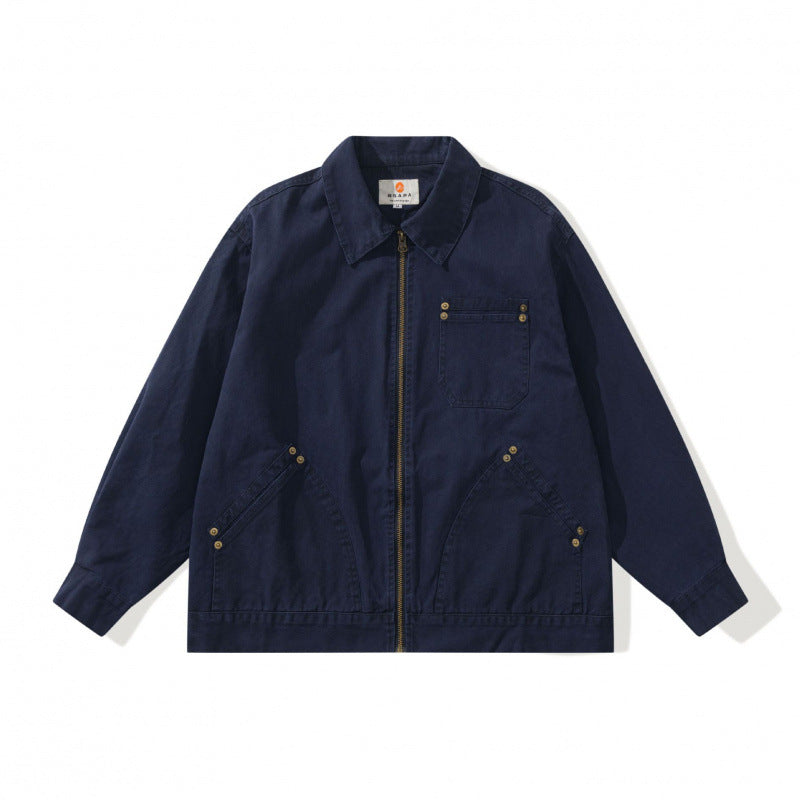 Unisex Boxy Canvas Worker Jacket with Front Zip and Stud Applications Mune Fashion