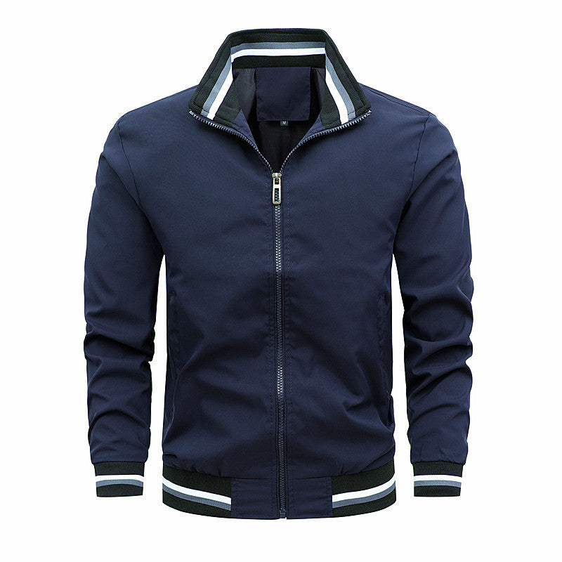 Men's Lightweight Bomber Jacket with Striped Ribbed Cuffs and Stand-Up Collar Mune Fashion