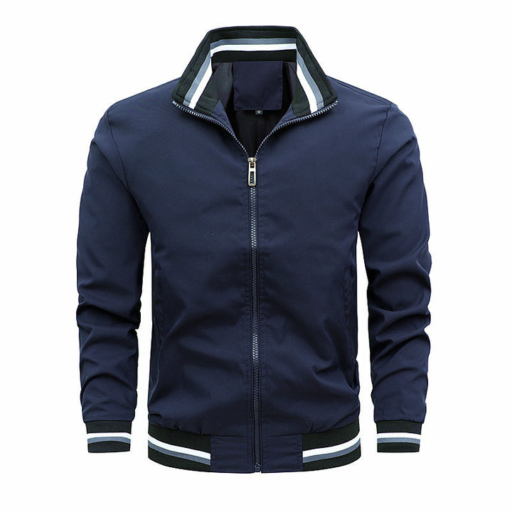 Men's Lightweight Bomber Jacket with Striped Ribbed Cuffs and Stand-Up Collar Mune Fashion
