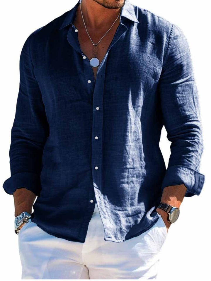 Men's structured linen shirt with open collar, lightweight texture and casual-tailored fit Mune Fashion