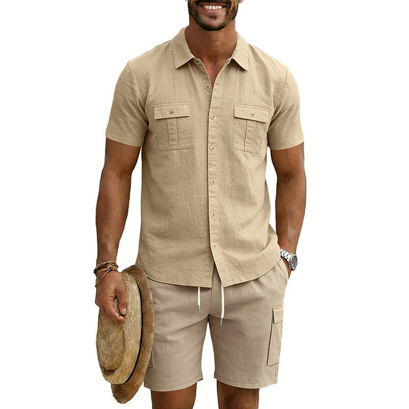Men's summer leisure set made of cotton-linen blend with short-sleeve shirt and cargo shorts Mune Fashion