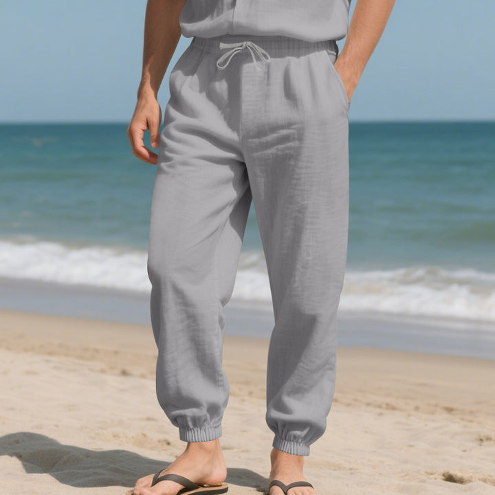 Men's Linen Look Lounge Pants with Elastic Waistband, Drawstring & Ribbed Ankle Cuffs Mune Fashion