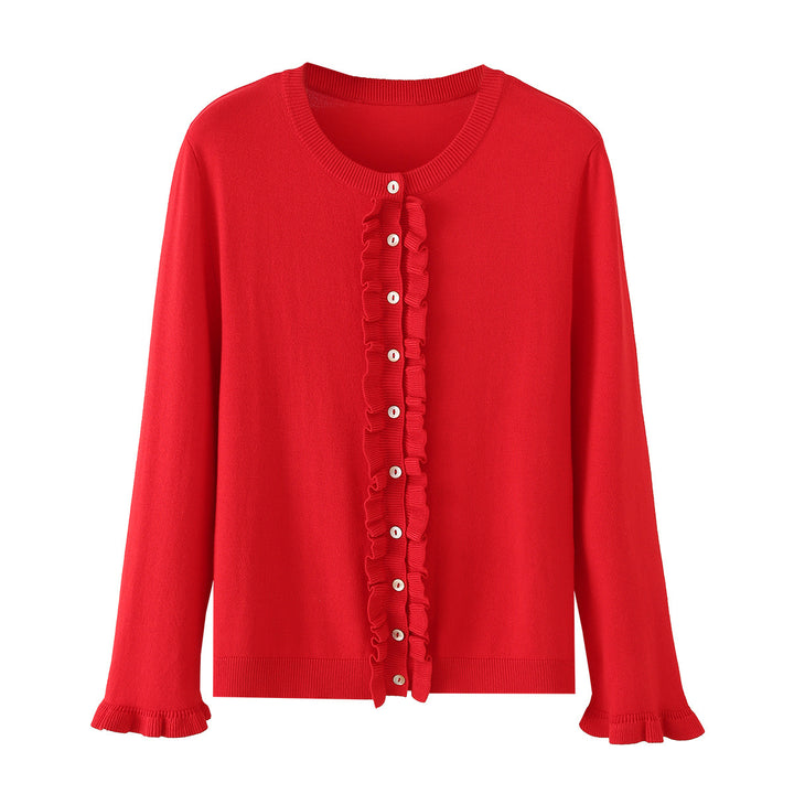 Women’s fine knit cardigan with ruffled front and flounce sleeves Mune Fashion