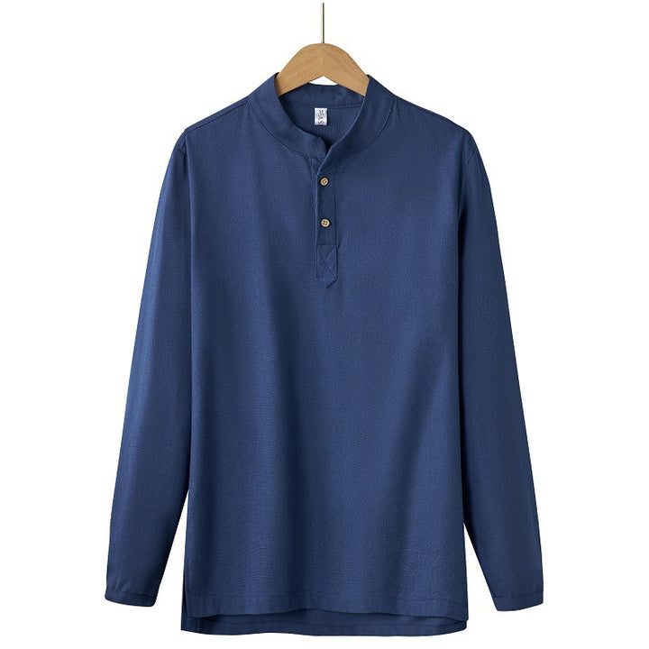 Men's long-sleeved Henley shirt with stand-up collar and concealed button placket made of cotton blend Mune Fashion