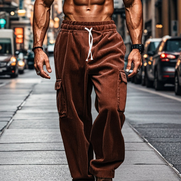 Men's oversized corduroy cargo pants with elastic drawstring waistband and multiple pockets Mune Fashion