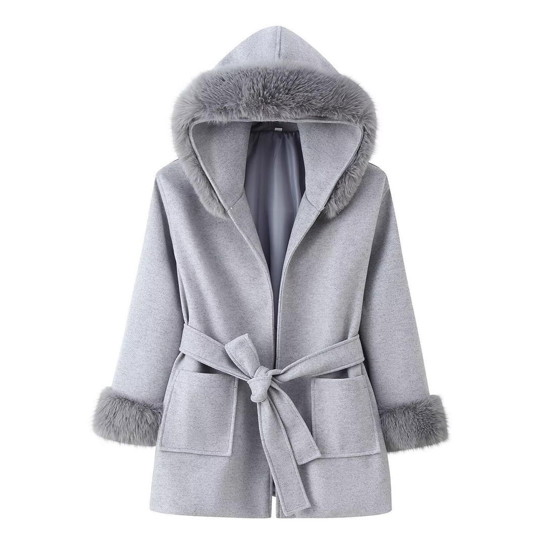 Women's Hooded Wool Blend Coat with Tie Belt and Faux Fur Trim Mune Fashion